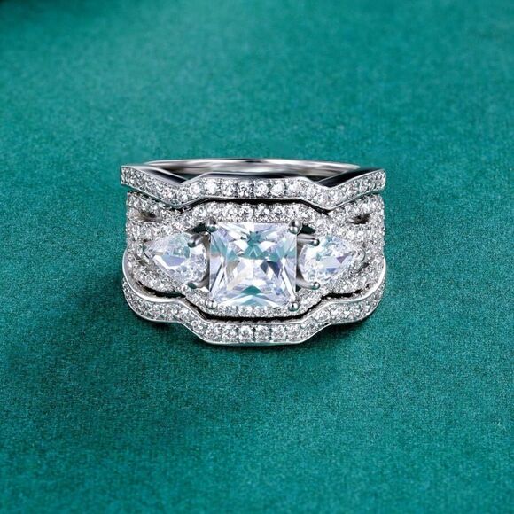 NEW! 18K White Gold Plated Stackable 3 Piece Square Diamond Engagement Ring Set - Picture 2 of 6